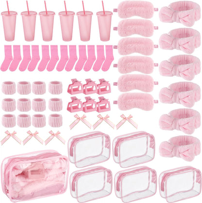 6 Sets Sleepover Party Supplies, Pink Spa Slumber Party Favors, Glitter Plastic Cup with Lid and Straw, Eye Mask Headband Wristband Cosmetic Bag for Birthday Pajamas Gender Reveal