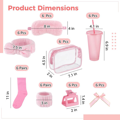 6 Sets Sleepover Party Supplies, Pink Spa Slumber Party Favors, Glitter Plastic Cup with Lid and Straw, Eye Mask Headband Wristband Cosmetic Bag for Birthday Pajamas Gender Reveal