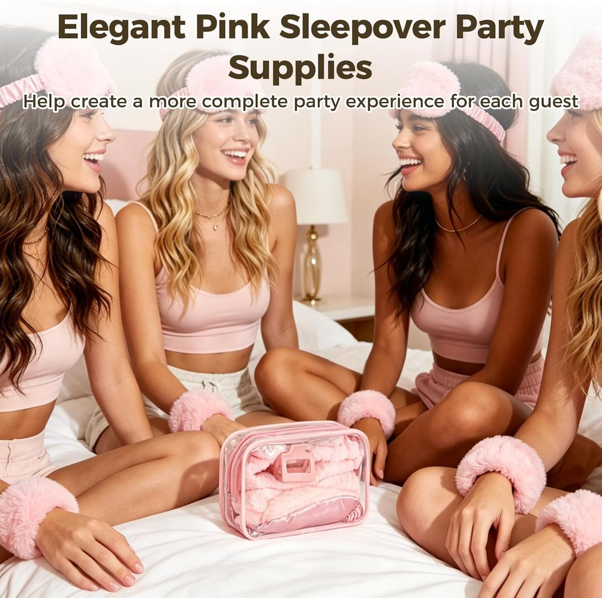 6 Sets Sleepover Party Supplies, Pink Spa Slumber Party Favors, Glitter Plastic Cup with Lid and Straw, Eye Mask Headband Wristband Cosmetic Bag for Birthday Pajamas Gender Reveal