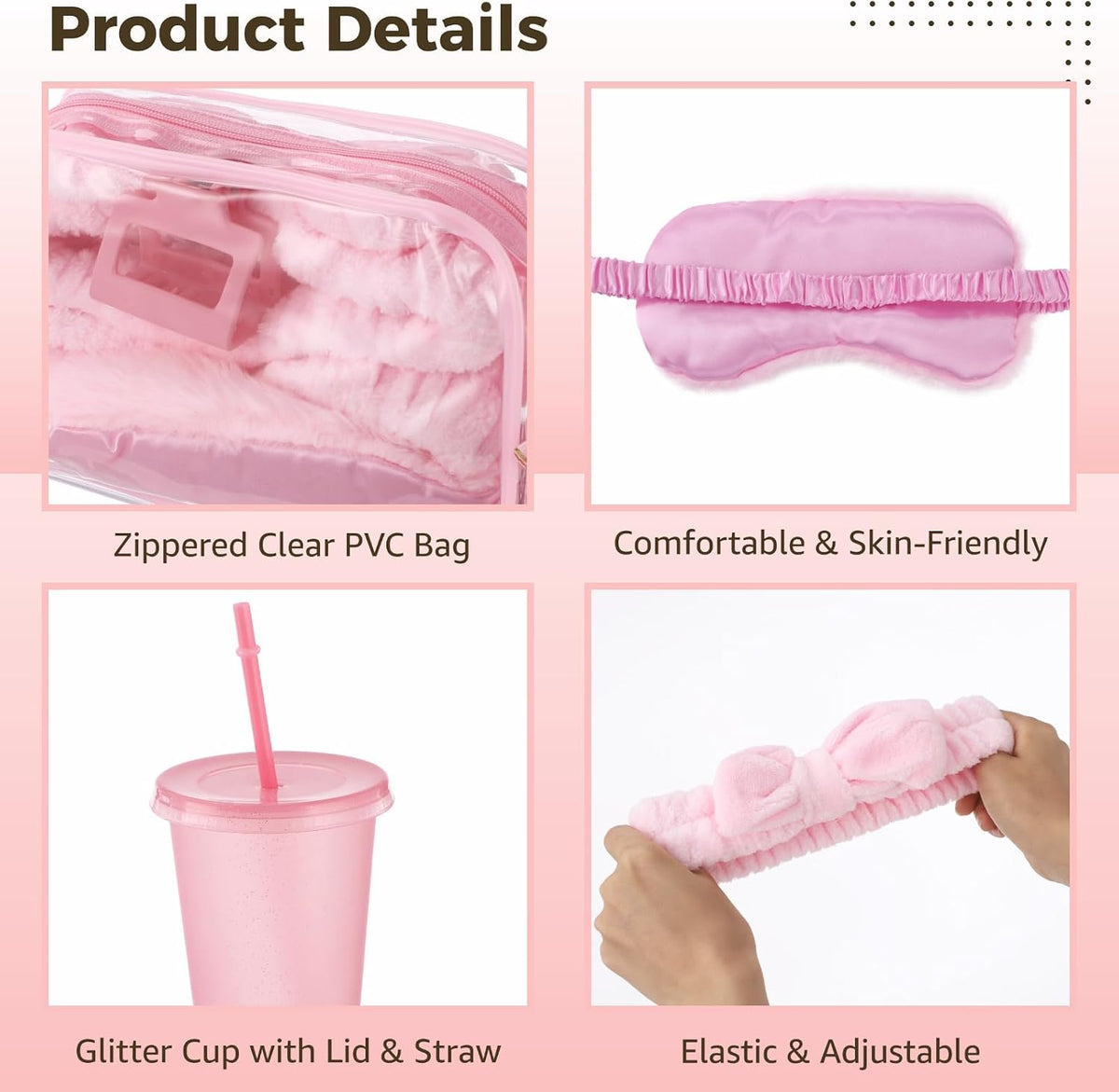 6 Sets Sleepover Party Supplies, Pink Spa Slumber Party Favors, Glitter Plastic Cup with Lid and Straw, Eye Mask Headband Wristband Cosmetic Bag for Birthday Pajamas Gender Reveal
