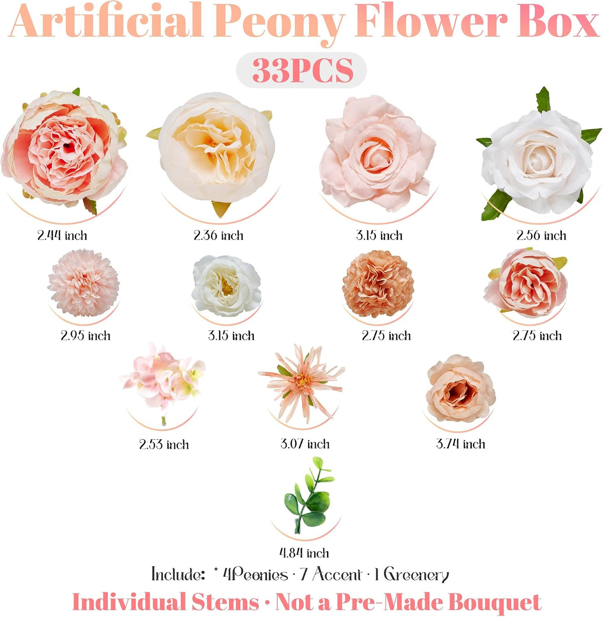 Peony Flower Box, 33PCS Artificial Peony Stems, Peach Pink Mix