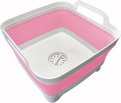 9L (2.4Gal Dish Basin Collapsible with Drain Plug Carry Handles , Space Saveing Kitchen Storage Tray Dish Wash Basin, Portable Dish Tub for Camping ,RV,Pink
