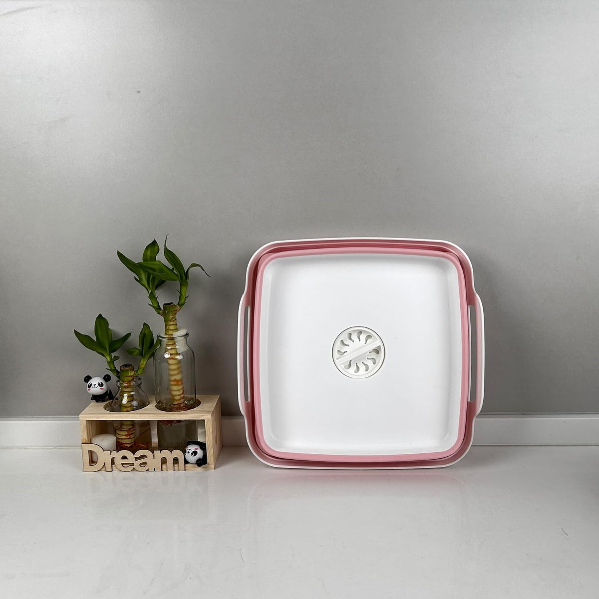9L (2.4Gal Dish Basin Collapsible with Drain Plug Carry Handles , Space Saveing Kitchen Storage Tray Dish Wash Basin, Portable Dish Tub for Camping ,RV,Pink