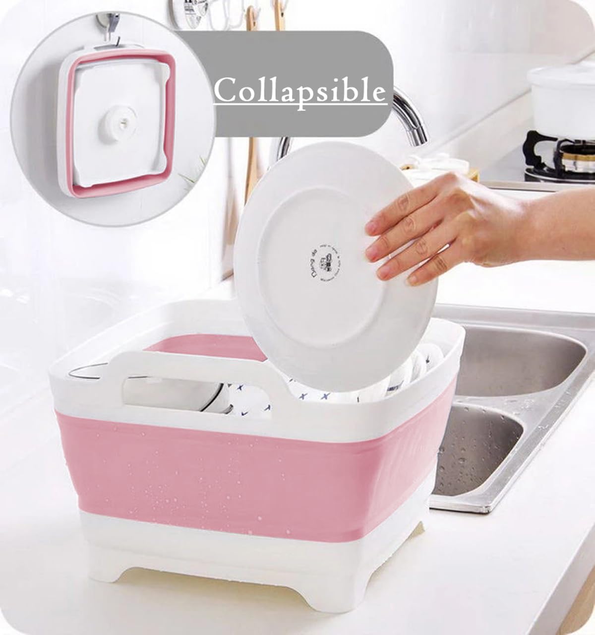 9L (2.4Gal Dish Basin Collapsible with Drain Plug Carry Handles , Space Saveing Kitchen Storage Tray Dish Wash Basin, Portable Dish Tub for Camping ,RV,Pink