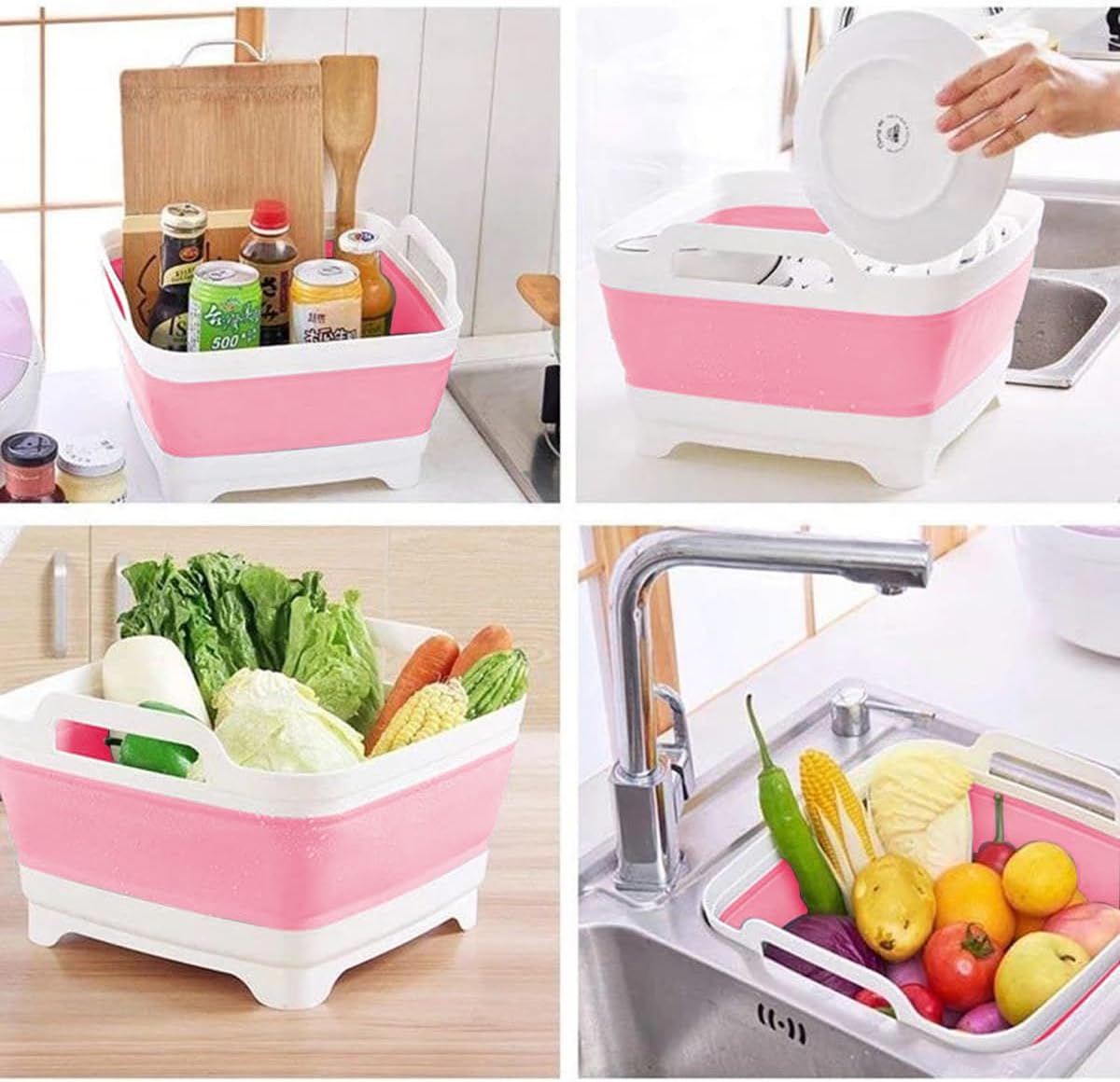9L (2.4Gal Dish Basin Collapsible with Drain Plug Carry Handles , Space Saveing Kitchen Storage Tray Dish Wash Basin, Portable Dish Tub for Camping ,RV,Pink
