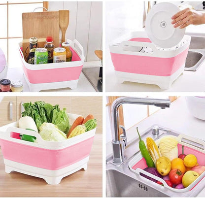 9L (2.4Gal Dish Basin Collapsible with Drain Plug Carry Handles , Space Saveing Kitchen Storage Tray Dish Wash Basin, Portable Dish Tub for Camping ,RV,Pink