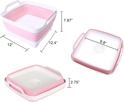 9L (2.4Gal Dish Basin Collapsible with Drain Plug Carry Handles , Space Saveing Kitchen Storage Tray Dish Wash Basin, Portable Dish Tub for Camping ,RV,Pink