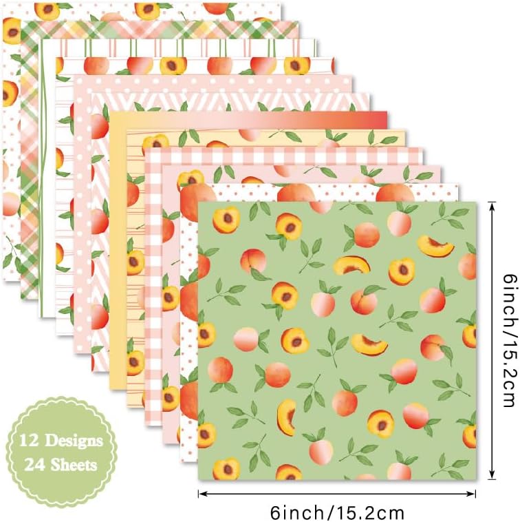 24 Sheets 6'' x 6'' Fruit Pattern Scrapbook Paper One Sided Cardstock for DIY Photo Album Card Making Decorative Paper (peach)