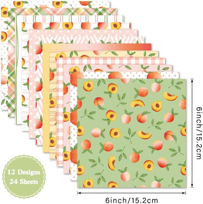 24 Sheets 6'' x 6'' Fruit Pattern Scrapbook Paper One Sided Cardstock for DIY Photo Album Card Making Decorative Paper (peach)