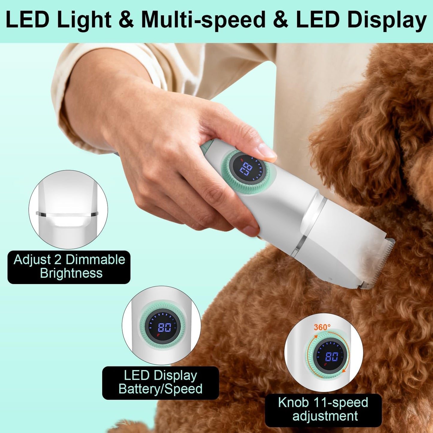 TBTeek Dog Grooming Clippers Kit Cordless Dog Trimmer for Small Dog Pet | with LED Light,10-Level Speed, 5-in-1, Low Noise, Rechargeable Dog Paw Trimmer Nail Clippers for Thick Hair Toenail