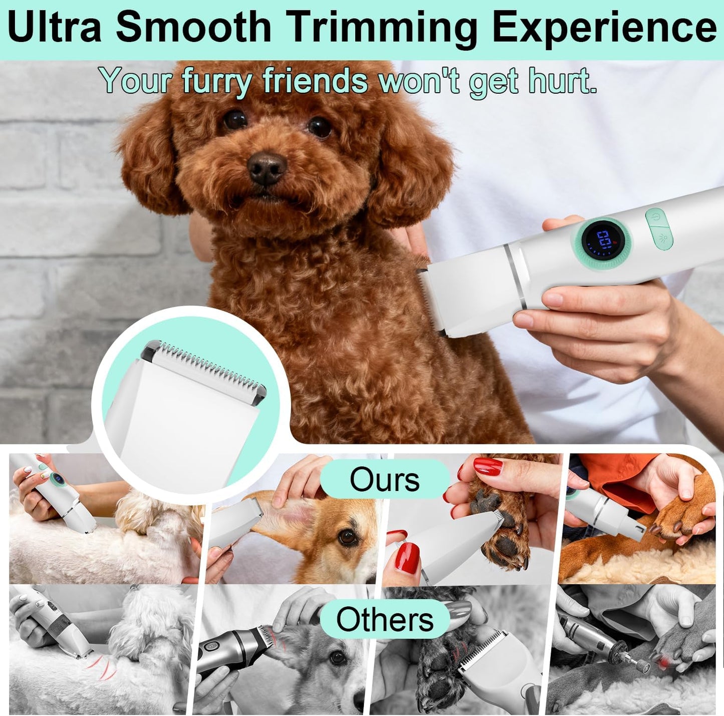 TBTeek Dog Grooming Clippers Kit Cordless Dog Trimmer for Small Dog Pet | with LED Light,10-Level Speed, 5-in-1, Low Noise, Rechargeable Dog Paw Trimmer Nail Clippers for Thick Hair Toenail