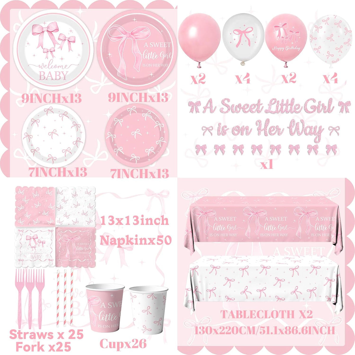 Pink Bow Baby Shower Decorations for Girl - Bow Party Tableware Include Plates,Napkins,Banner A Sweet Little Girl is on Her Way Decorations for Welcome Baby Girl,Bow Coquette Birthday Party Serve 25