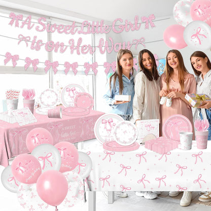 Pink Bow Baby Shower Decorations for Girl - Bow Party Tableware Include Plates,Napkins,Banner A Sweet Little Girl is on Her Way Decorations for Welcome Baby Girl,Bow Coquette Birthday Party Serve 25