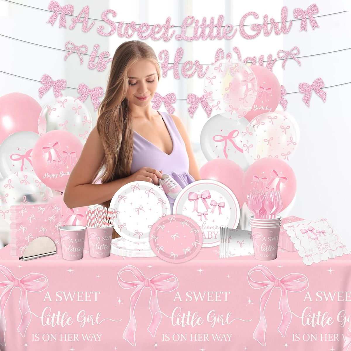 Pink Bow Baby Shower Decorations for Girl - Bow Party Tableware Include Plates,Napkins,Banner A Sweet Little Girl is on Her Way Decorations for Welcome Baby Girl,Bow Coquette Birthday Party Serve 25