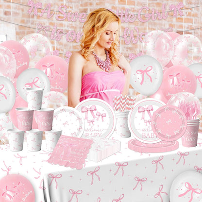 Pink Bow Baby Shower Decorations for Girl - Bow Party Tableware Include Plates,Napkins,Banner A Sweet Little Girl is on Her Way Decorations for Welcome Baby Girl,Bow Coquette Birthday Party Serve 25