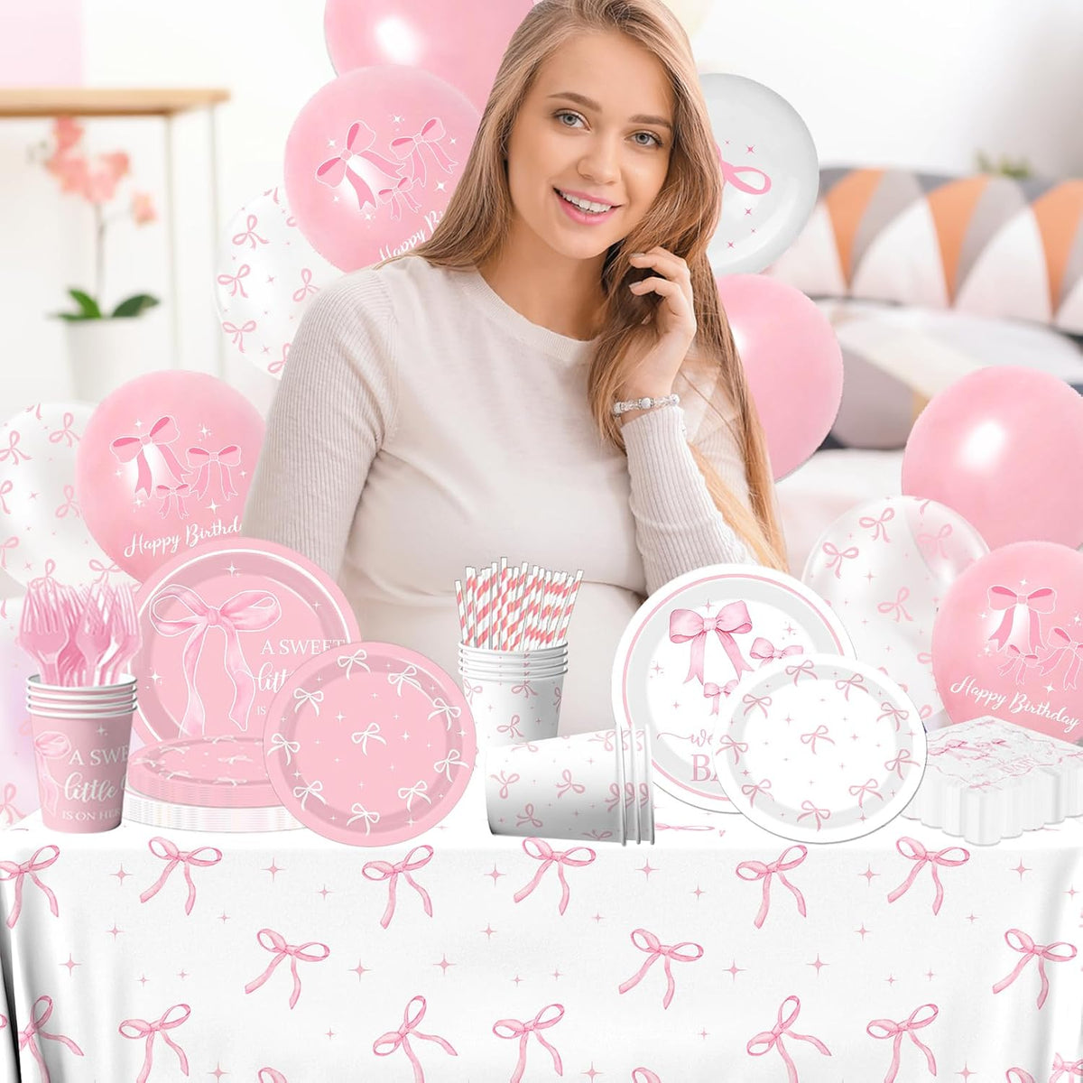Pink Bow Baby Shower Decorations for Girl - Bow Party Tableware Include Plates,Napkins,Banner A Sweet Little Girl is on Her Way Decorations for Welcome Baby Girl,Bow Coquette Birthday Party Serve 25