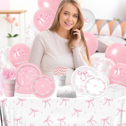 Pink Bow Baby Shower Decorations for Girl - Bow Party Tableware Include Plates,Napkins,Banner A Sweet Little Girl is on Her Way Decorations for Welcome Baby Girl,Bow Coquette Birthday Party Serve 25