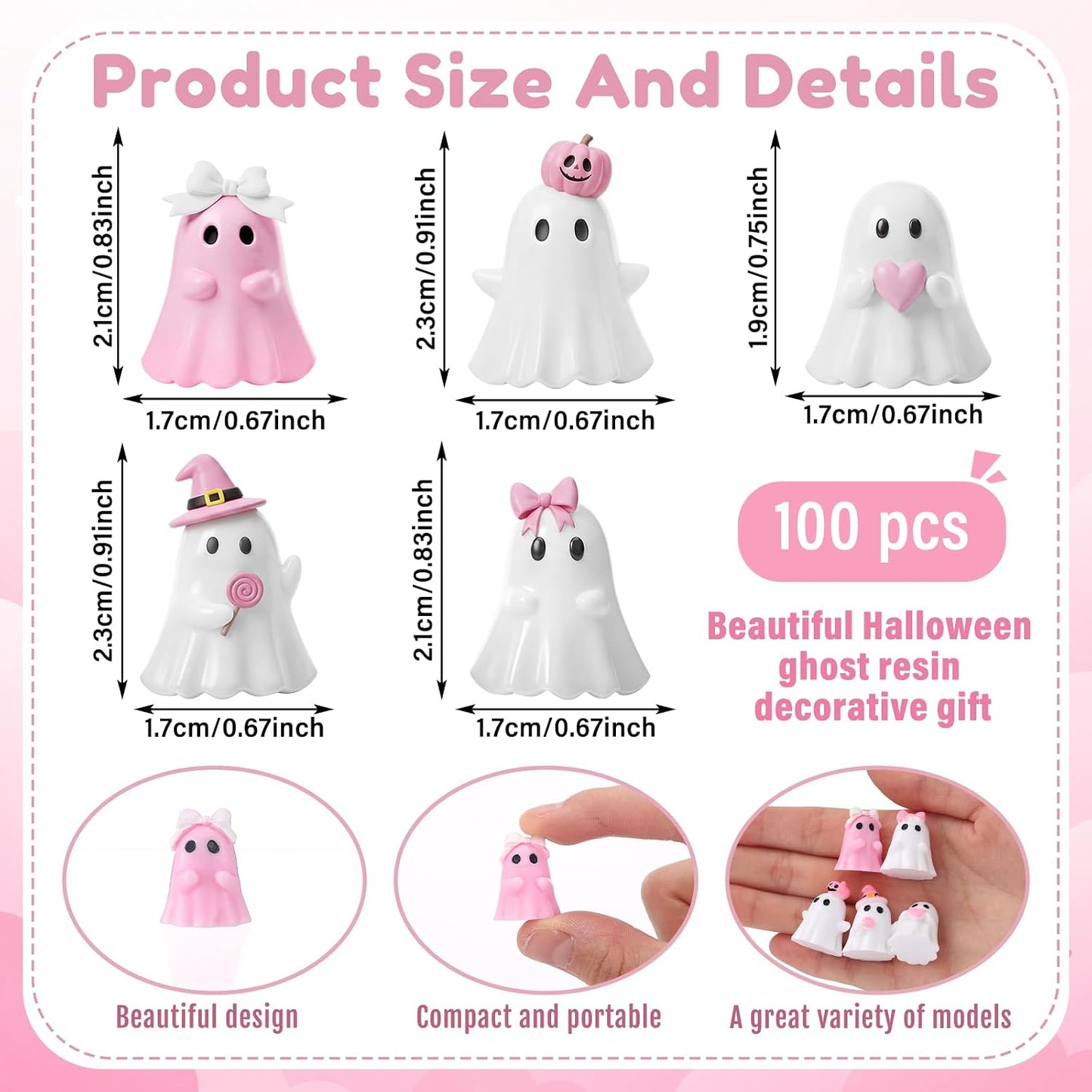 100 Pcs Halloween Ghosts Figurines Decor Mini Pink Resin Ghosts
