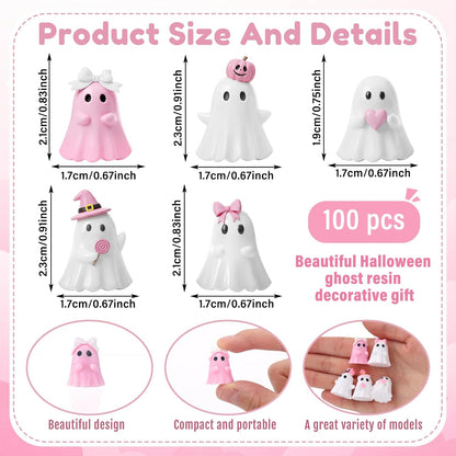 100 Pcs Halloween Ghosts Figurines Decor Mini Pink Resin Ghosts