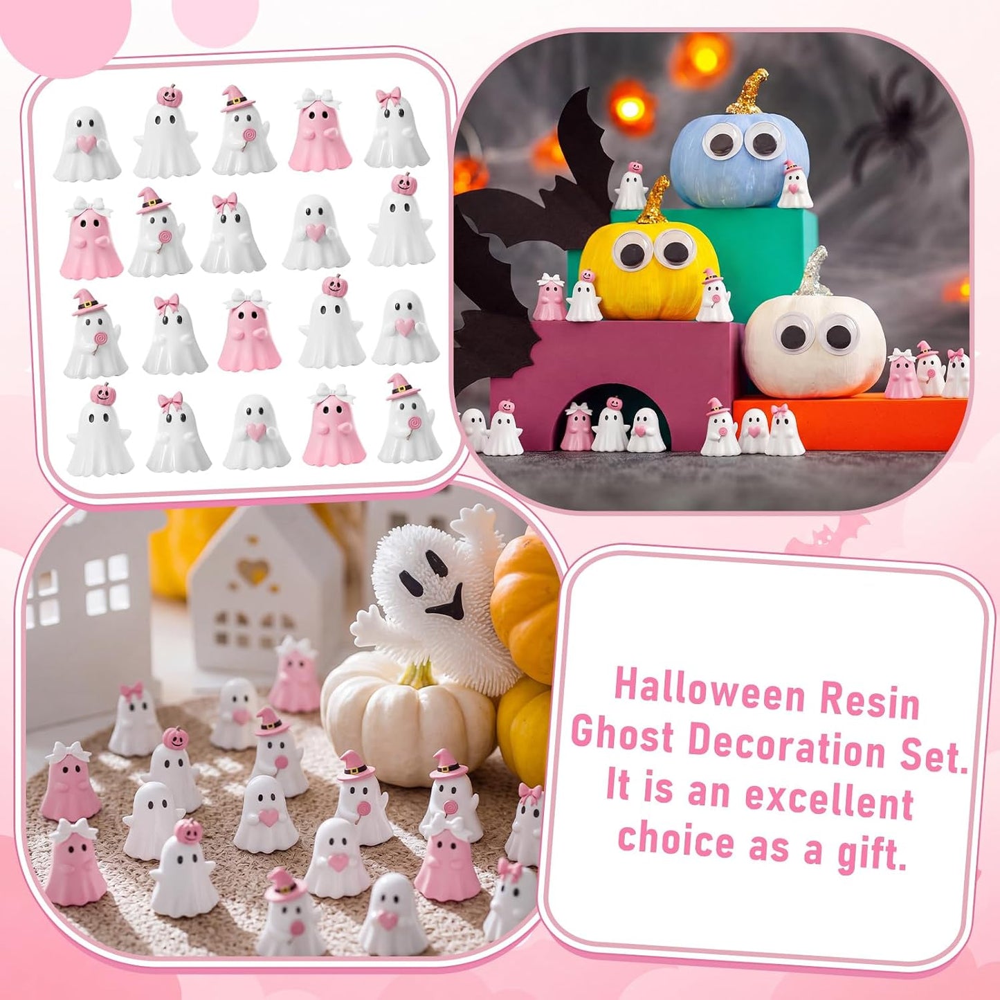 100 Pcs Halloween Ghosts Figurines Decor Mini Pink Resin Ghosts