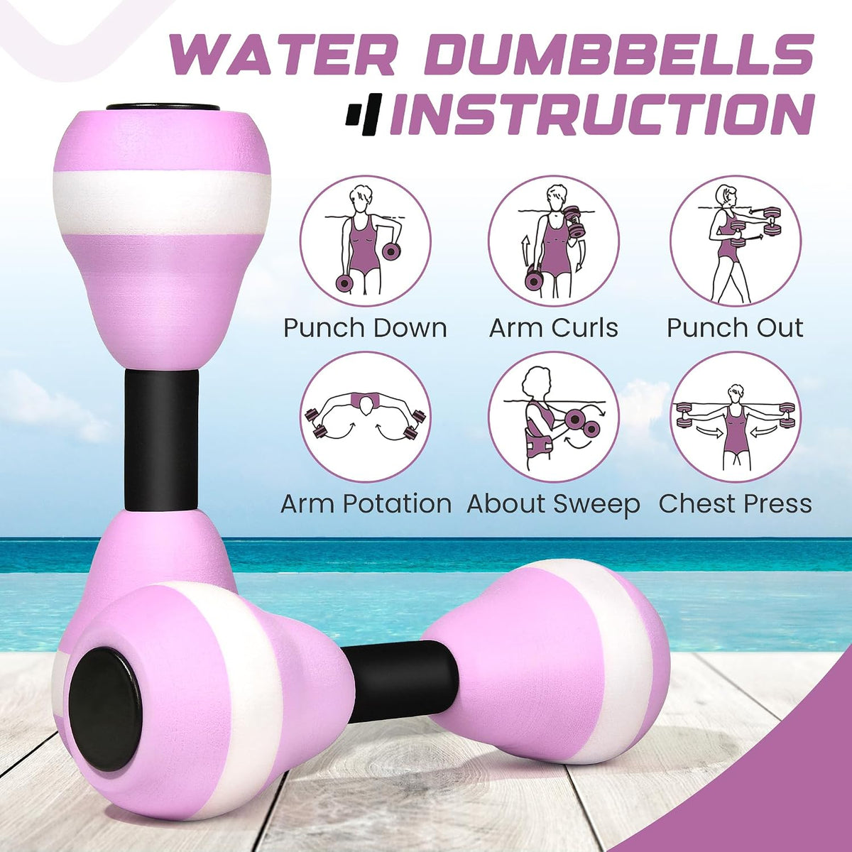 2-Piece Aquatic Exercise Foam Dumbbell Set - Pool Fitness Water Aerobic Equipment for Weight Loss