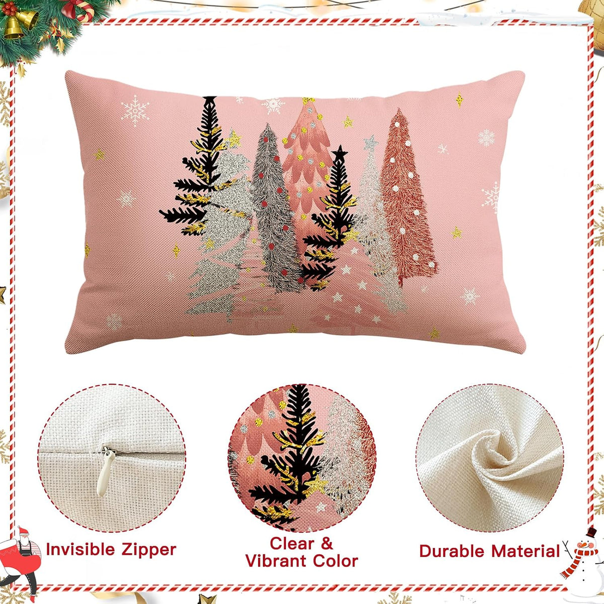 Christmas Throw Pillow Covers 12x20 Inch Set of 2 Christmas Tree Snowflake Pink Pillow Cases Winter Holiday Xmas Decorative Cushion Covers for Sofa Bed Couch