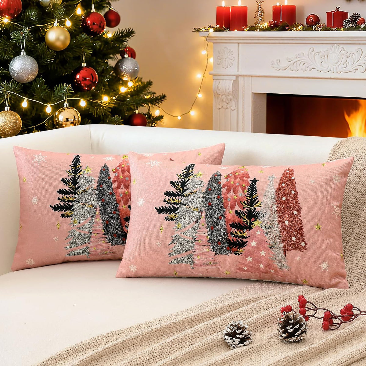 Christmas Throw Pillow Covers 12x20 Inch Set of 2 Christmas Tree Snowflake Pink Pillow Cases Winter Holiday Xmas Decorative Cushion Covers for Sofa Bed Couch