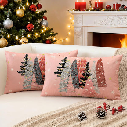 Christmas Throw Pillow Covers 12x20 Inch Set of 2 Christmas Tree Snowflake Pink Pillow Cases Winter Holiday Xmas Decorative Cushion Covers for Sofa Bed Couch