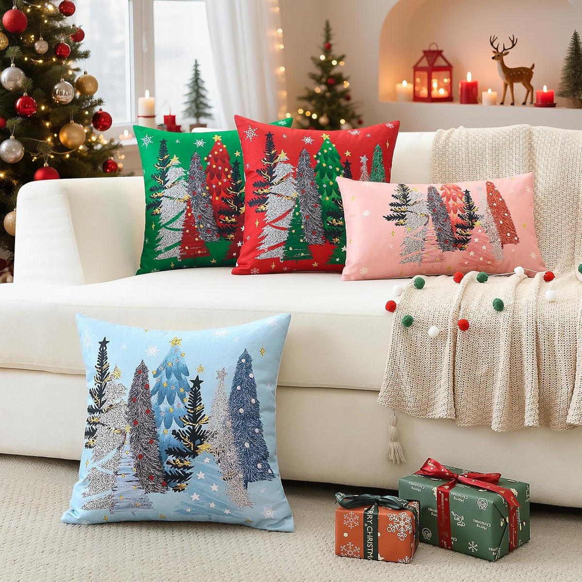 Christmas Throw Pillow Covers 12x20 Inch Set of 2 Christmas Tree Snowflake Pink Pillow Cases Winter Holiday Xmas Decorative Cushion Covers for Sofa Bed Couch
