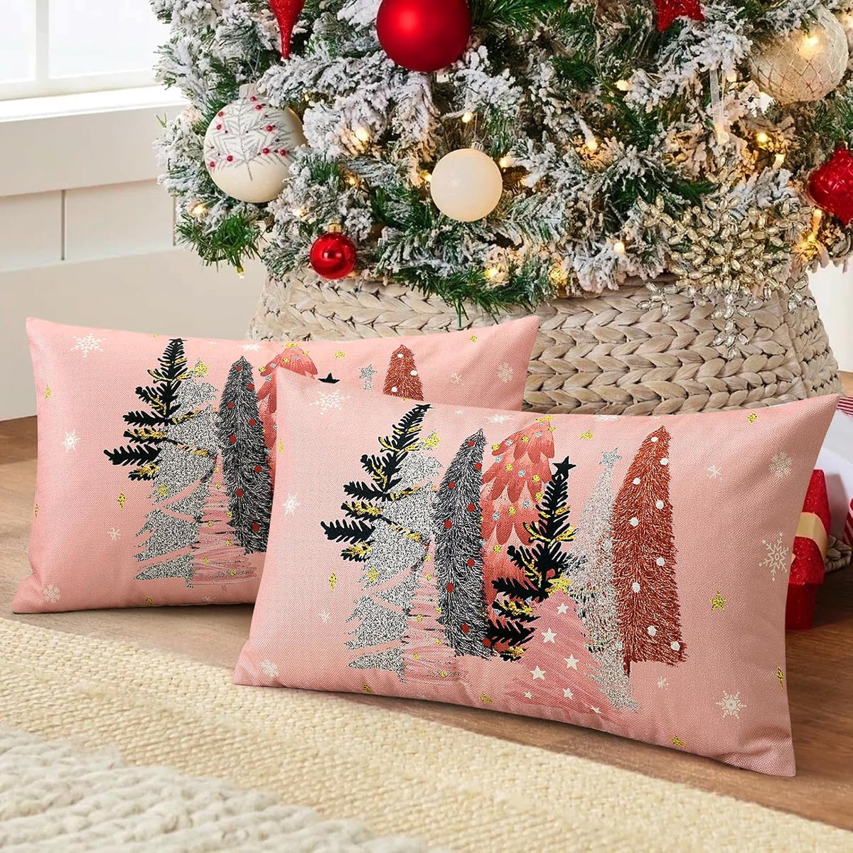 Christmas Throw Pillow Covers 12x20 Inch Set of 2 Christmas Tree Snowflake Pink Pillow Cases Winter Holiday Xmas Decorative Cushion Covers for Sofa Bed Couch