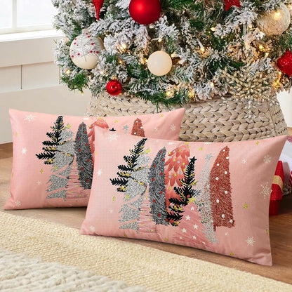 Christmas Throw Pillow Covers 12x20 Inch Set of 2 Christmas Tree Snowflake Pink Pillow Cases Winter Holiday Xmas Decorative Cushion Covers for Sofa Bed Couch