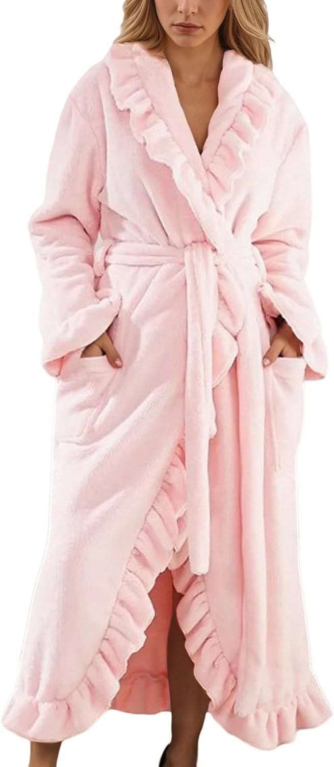 Robes For Women Long Length Soft Ruffle Hem Loungewear Bathrobe Cozy Flannel Robe Sleepwear Bathrobes With Pockets