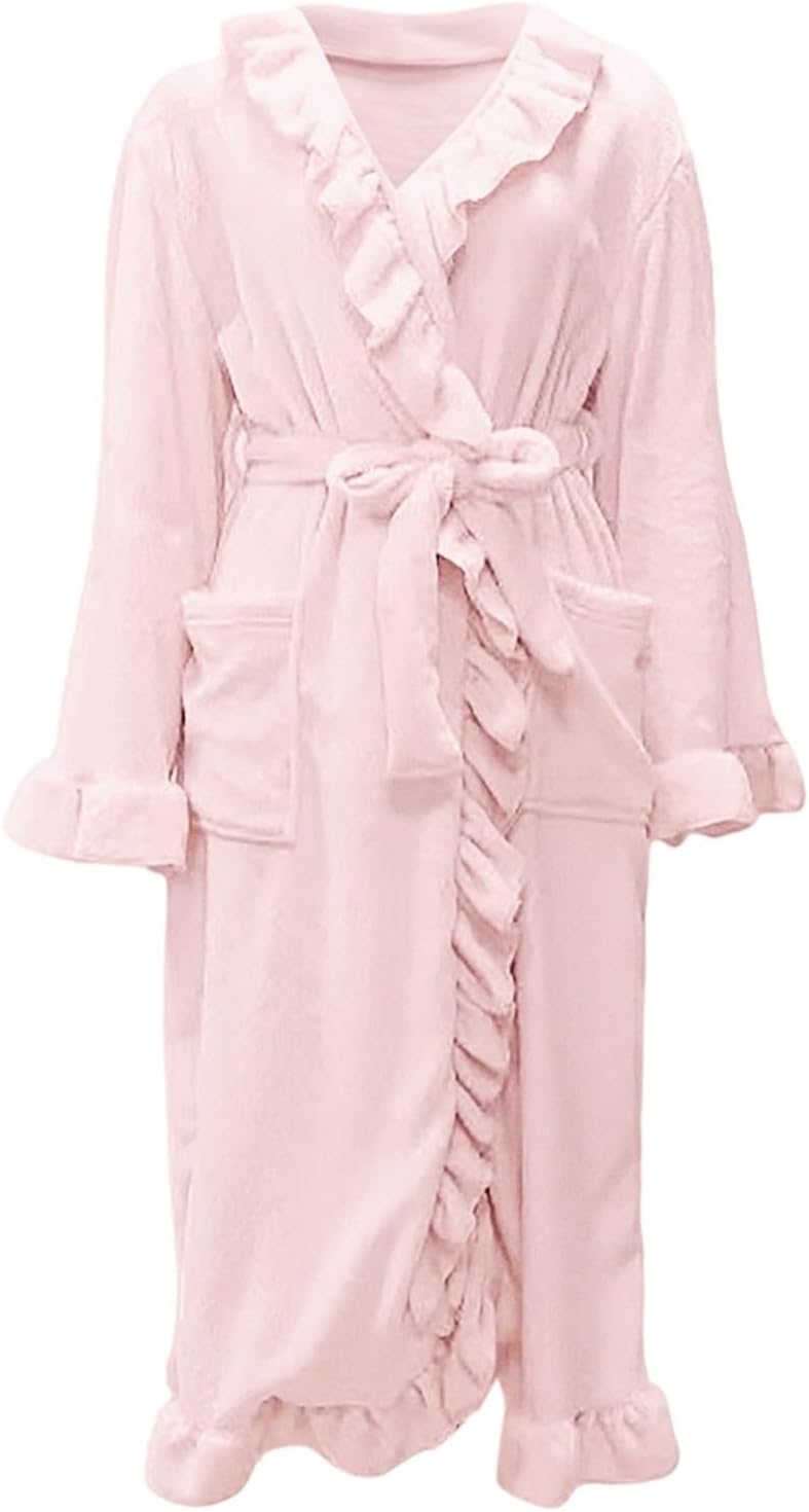 Robes For Women Long Length Soft Ruffle Hem Loungewear Bathrobe Cozy Flannel Robe Sleepwear Bathrobes With Pockets