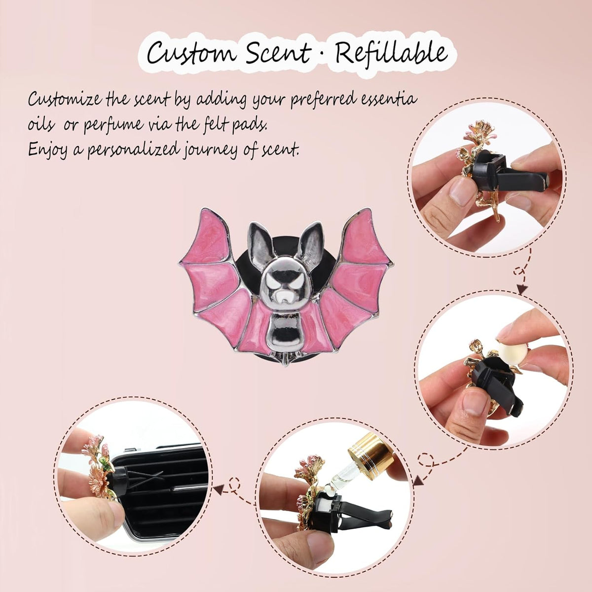 ORIESSE Cute Goth Car Accessories,Pink Bat Car Air Freshener Vent Clips