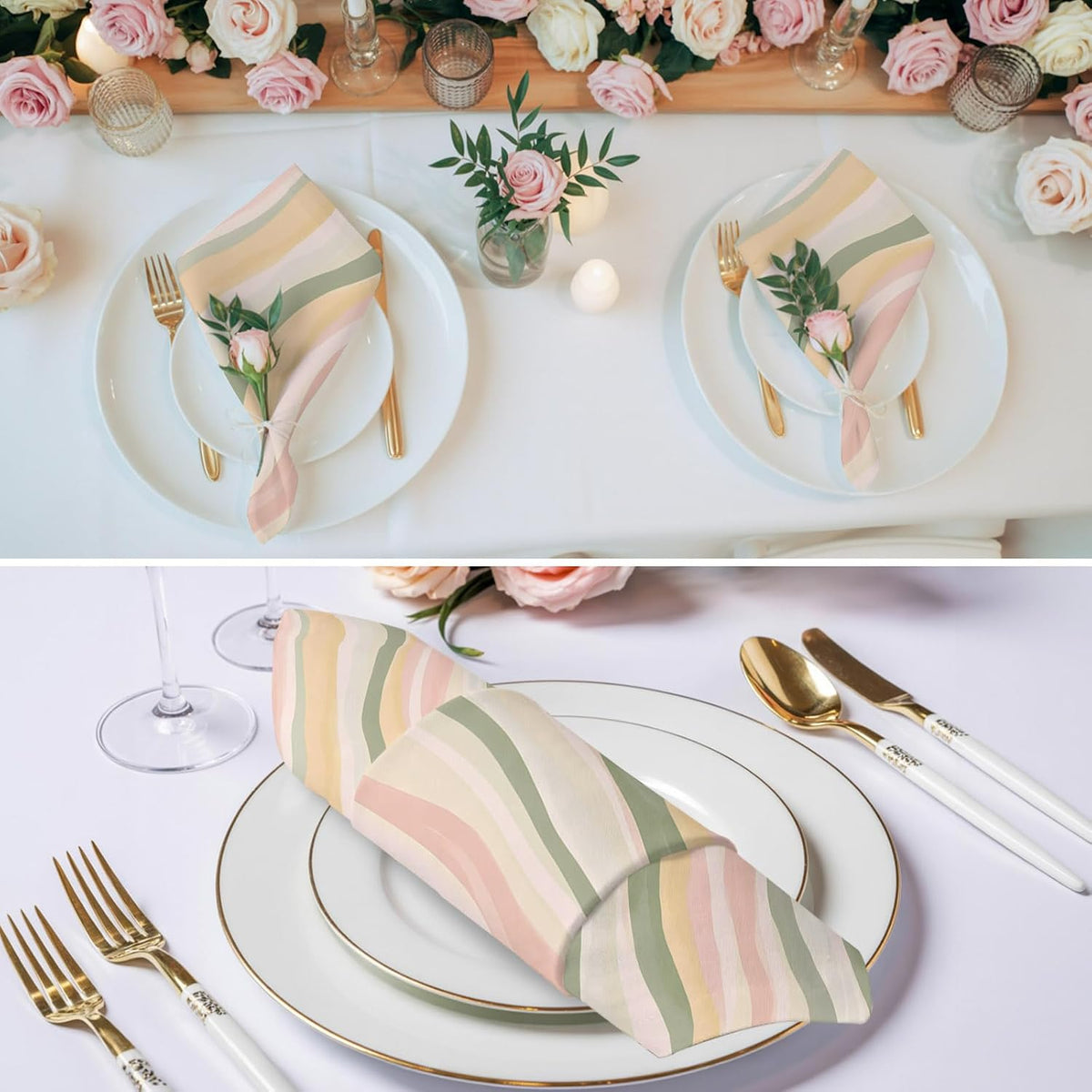 Cloth Napkins Set of 4, Light Green Pink Stripes Dinner Napkins Soft Absorbent Table Napkin for Home Cocktail Party Wedding, Low Saturation Colorful Pattern