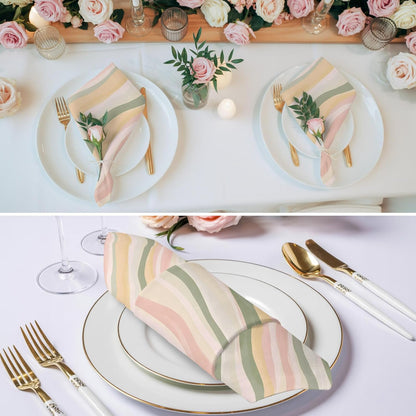 Cloth Napkins Set of 4, Light Green Pink Stripes Dinner Napkins Soft Absorbent Table Napkin for Home Cocktail Party Wedding, Low Saturation Colorful Pattern