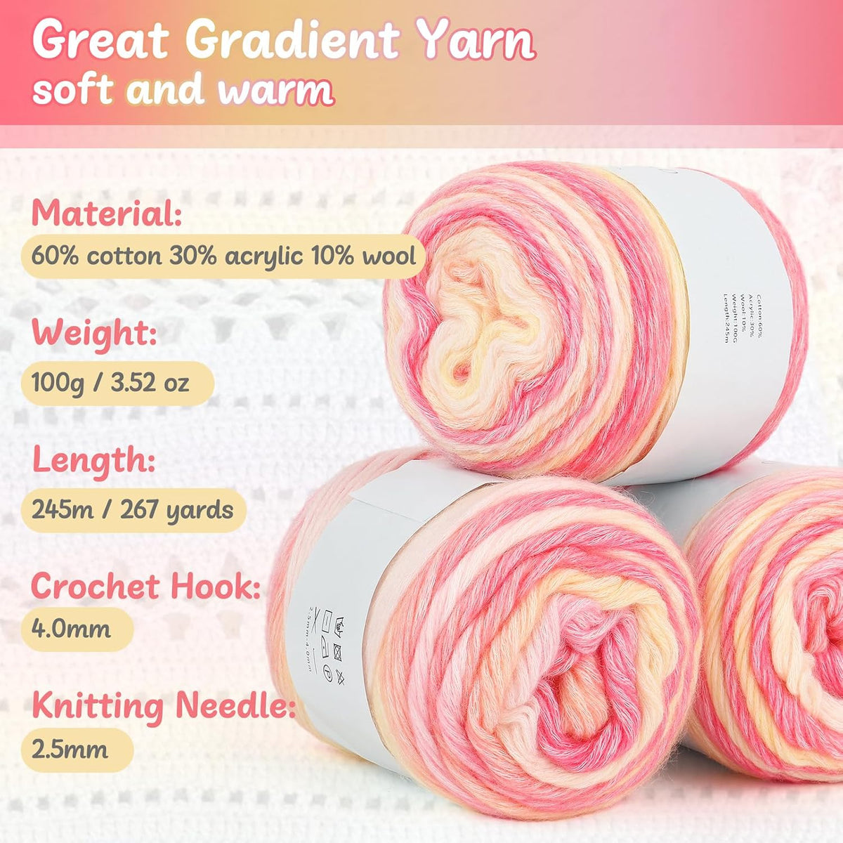Aeelike Cake Yarn for Crocheting, Soft Ombre Crochet Yarn, Pink Yellow