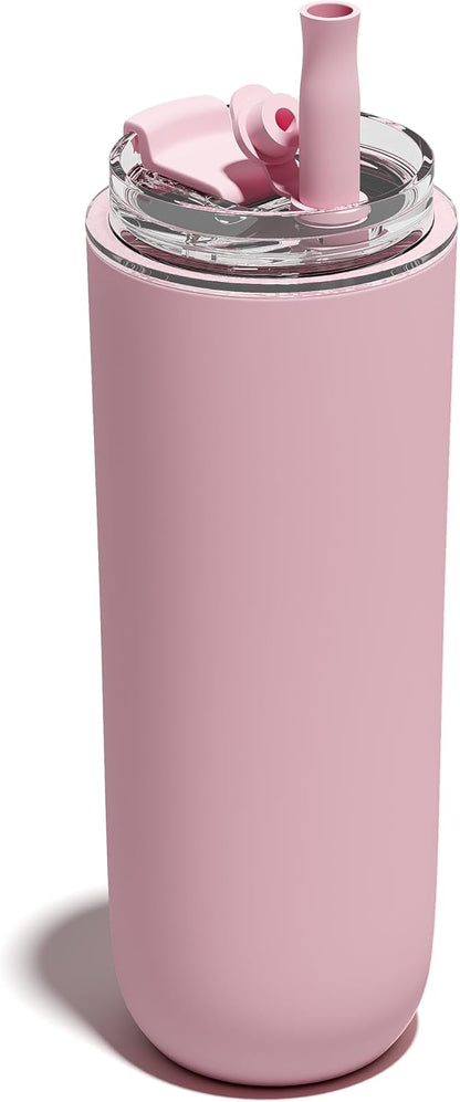 16 oz Insulated Coffee Tumblers, Travel Coffee Tumblers with Straw (Pink)