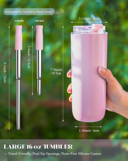 16 oz Insulated Coffee Tumblers, Travel Coffee Tumblers with Straw (Pink)