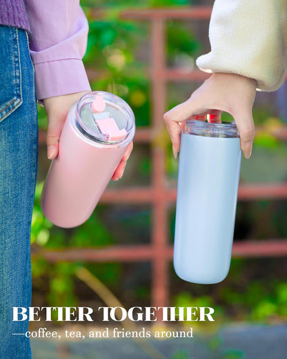 16 oz Insulated Coffee Tumblers, Travel Coffee Tumblers with Straw (Pink)