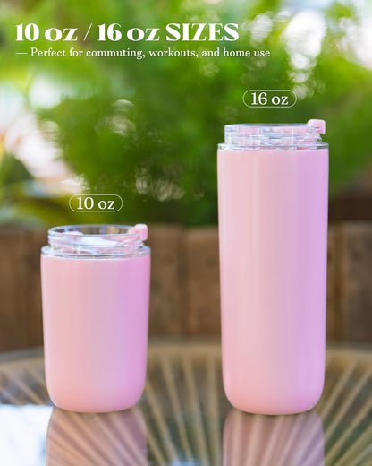 16 oz Insulated Coffee Tumblers, Travel Coffee Tumblers with Straw (Pink)