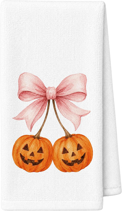 Girly Halloween Pumpkin Kitchen Dish Towels 16x24in