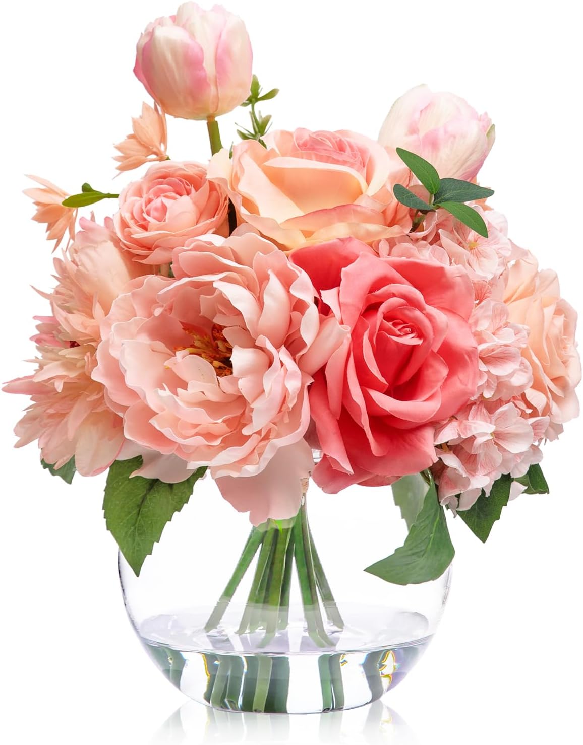 Artificial Flowers in Vase with Fake Water, Peach Pink Silk Peony Rose Tulip Spring Flower Bouquet for Home Birthday Party Wedding Dining Table Centerpieces Office Decor Mom's Gift