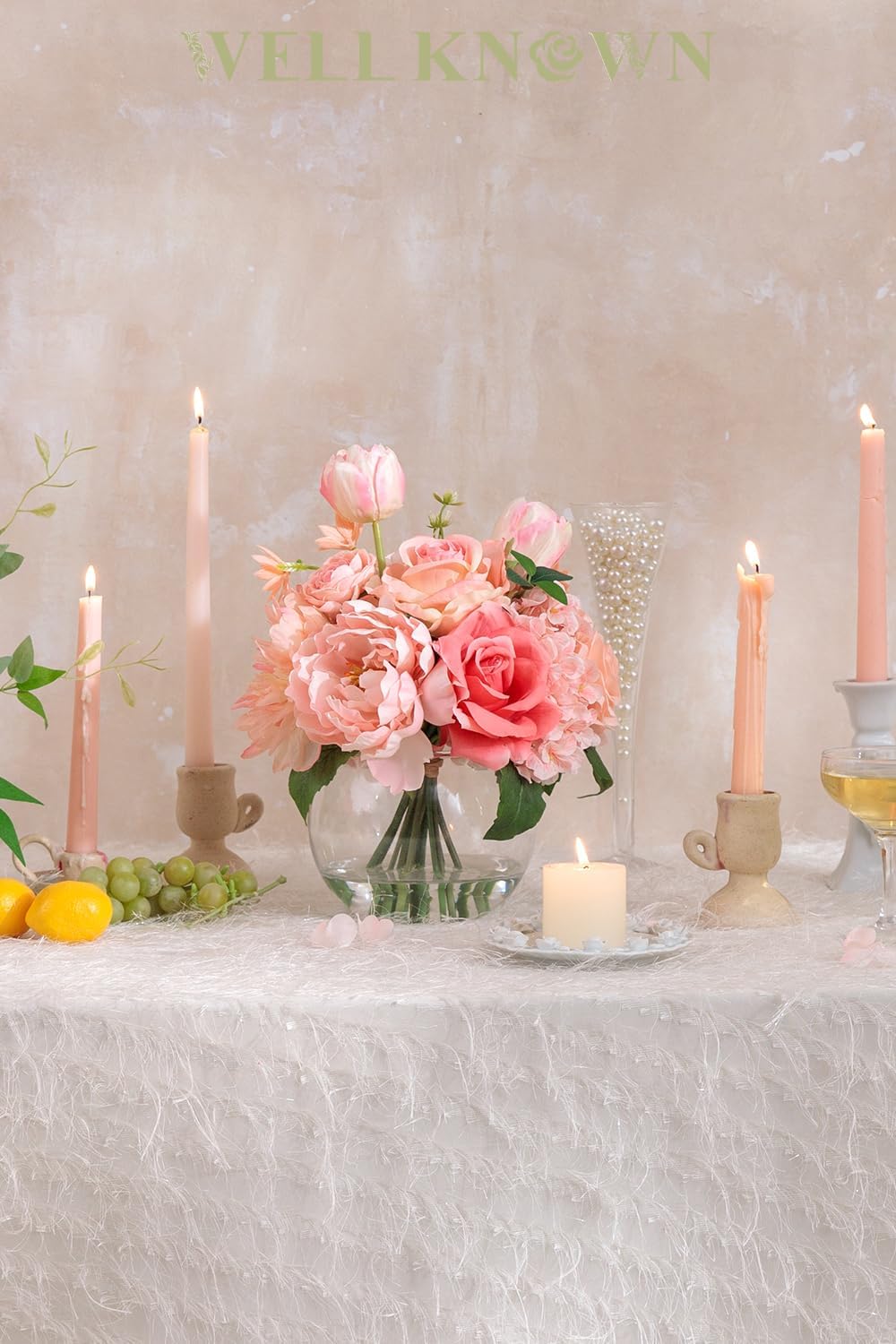 Artificial Flowers in Vase with Fake Water, Peach Pink Silk Peony Rose Tulip Spring Flower Bouquet for Home Birthday Party Wedding Dining Table Centerpieces Office Decor Mom's Gift