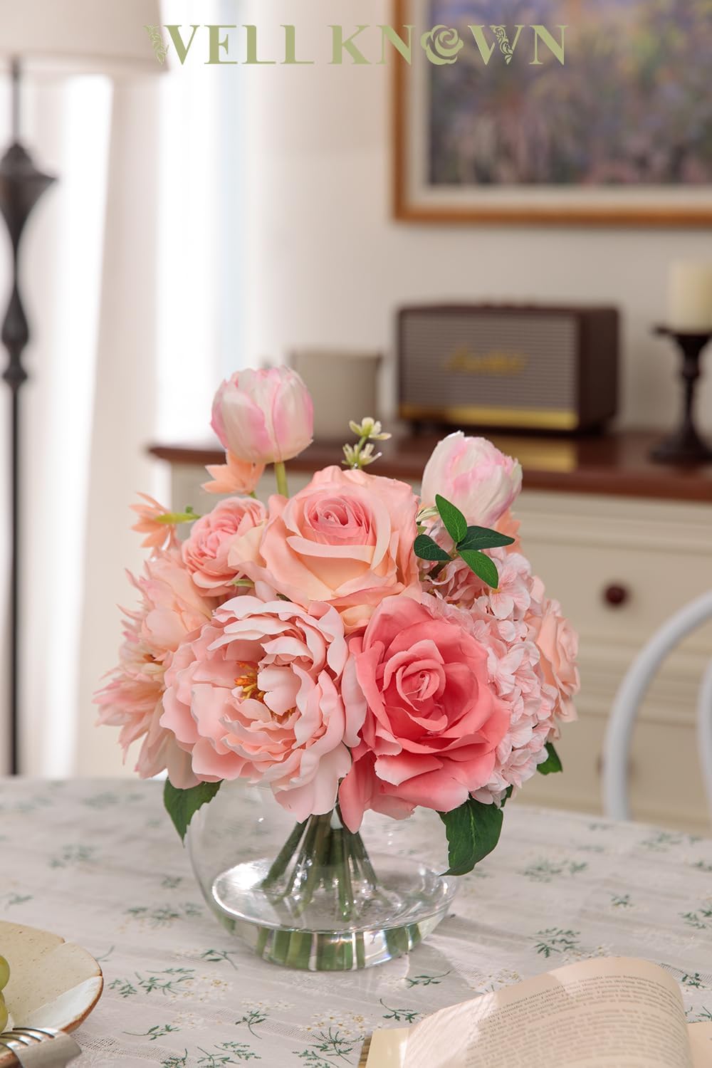 Artificial Flowers in Vase with Fake Water, Peach Pink Silk Peony Rose Tulip Spring Flower Bouquet for Home Birthday Party Wedding Dining Table Centerpieces Office Decor Mom's Gift