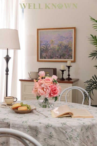Artificial Flowers in Vase with Fake Water, Peach Pink Silk Peony Rose Tulip Spring Flower Bouquet for Home Birthday Party Wedding Dining Table Centerpieces Office Decor Mom's Gift