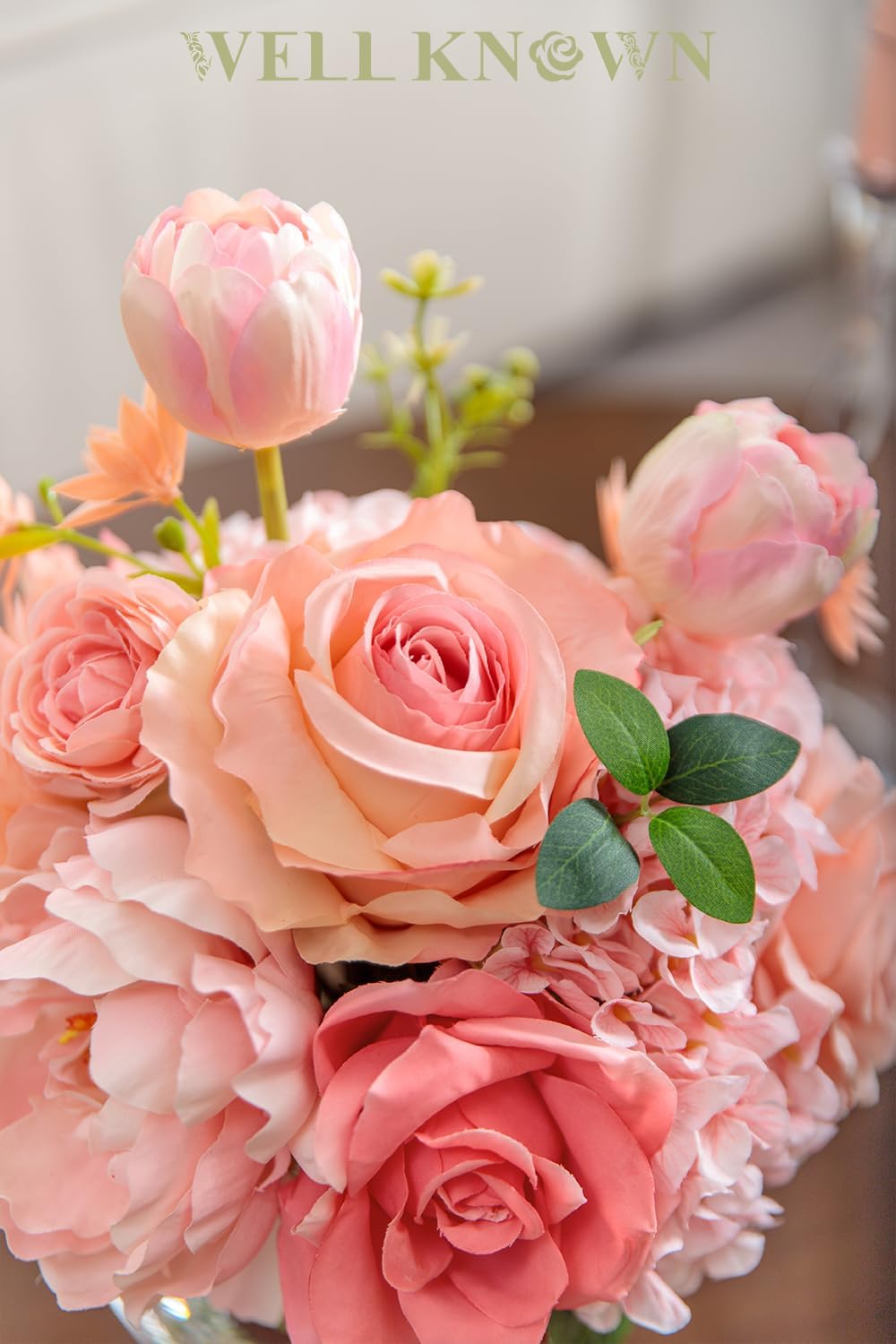 Artificial Flowers in Vase with Fake Water, Peach Pink Silk Peony Rose Tulip Spring Flower Bouquet for Home Birthday Party Wedding Dining Table Centerpieces Office Decor Mom's Gift