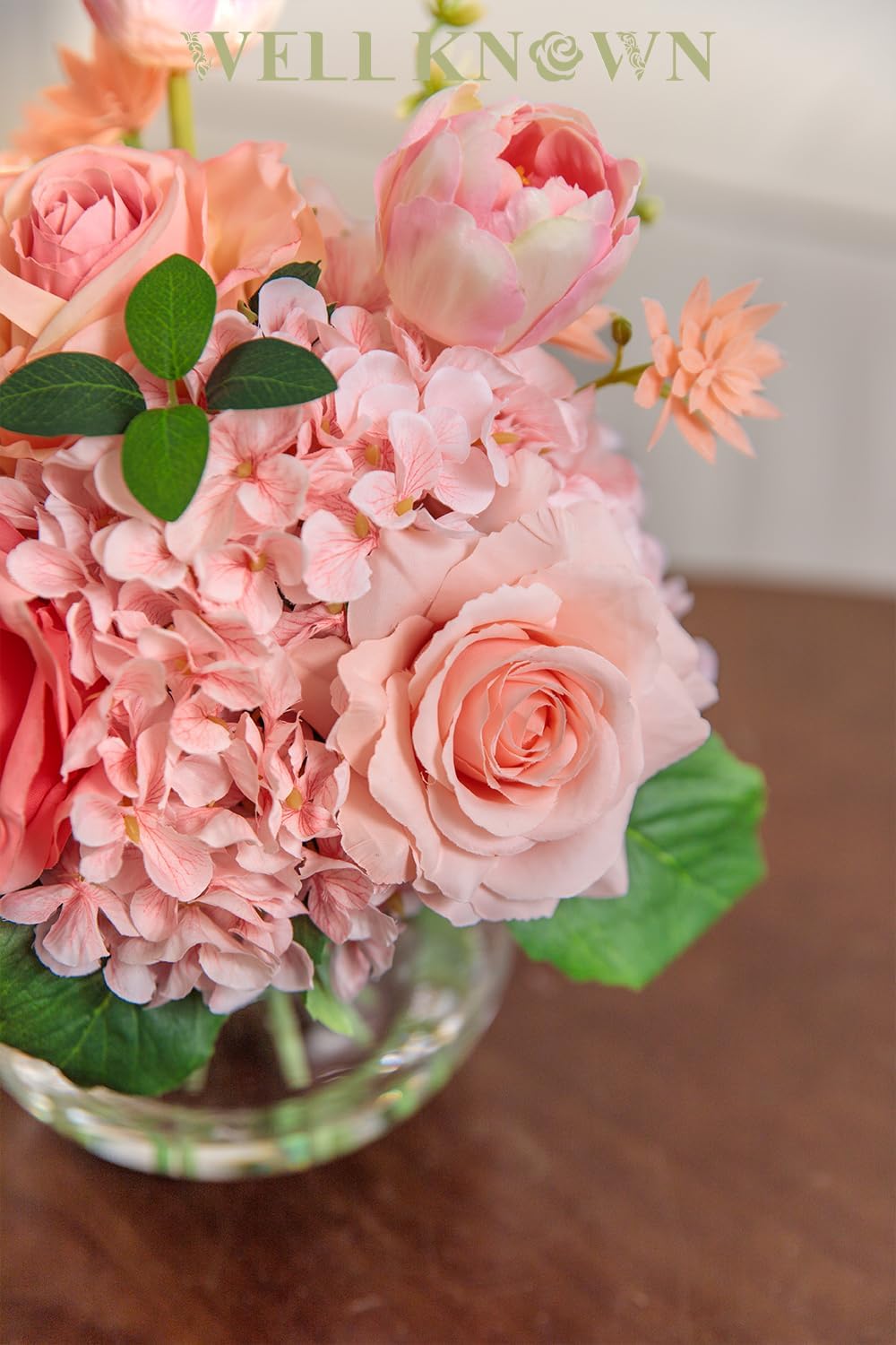 Artificial Flowers in Vase with Fake Water, Peach Pink Silk Peony Rose Tulip Spring Flower Bouquet for Home Birthday Party Wedding Dining Table Centerpieces Office Decor Mom's Gift