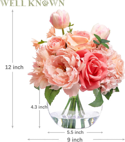 Artificial Flowers in Vase with Fake Water, Peach Pink Silk Peony Rose Tulip Spring Flower Bouquet for Home Birthday Party Wedding Dining Table Centerpieces Office Decor Mom's Gift