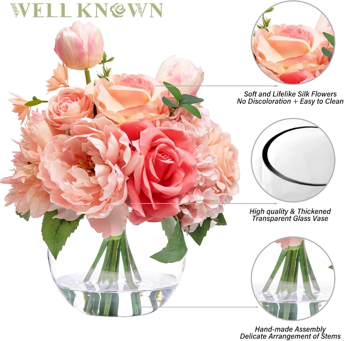 Artificial Flowers in Vase with Fake Water, Peach Pink Silk Peony Rose Tulip Spring Flower Bouquet for Home Birthday Party Wedding Dining Table Centerpieces Office Decor Mom's Gift